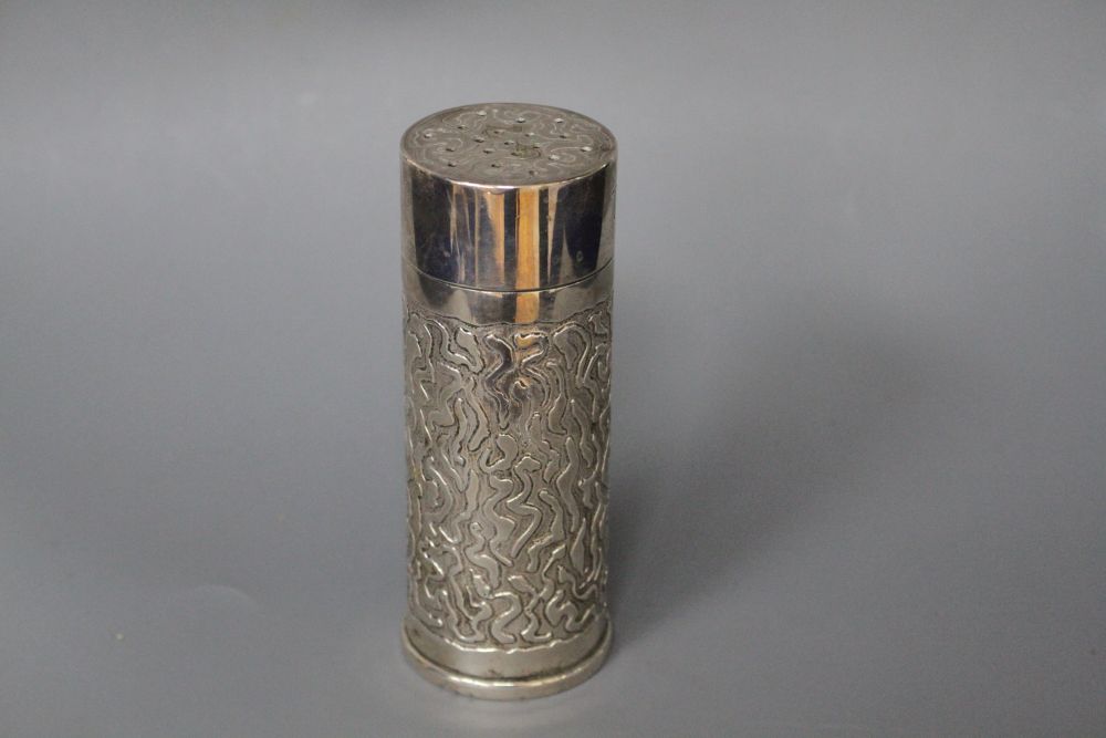 Anthony Hawksley. A silver caster with cast wrigglework decoration, initialled JRTA, London 1982, 12.25cm, 6oz.